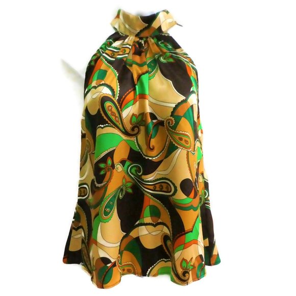 Vintage Famosa Top Satin Sleeveless Paisley 70s Mock Tie Psychedelic USA Small - Picture 1 of 6